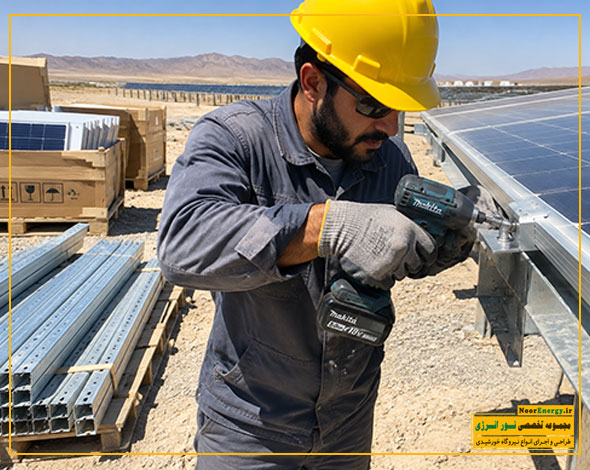 تأمین تجهیزات خورشیدی و اجرای نصب مکانیکی پنلها در پروژه نیروگاه